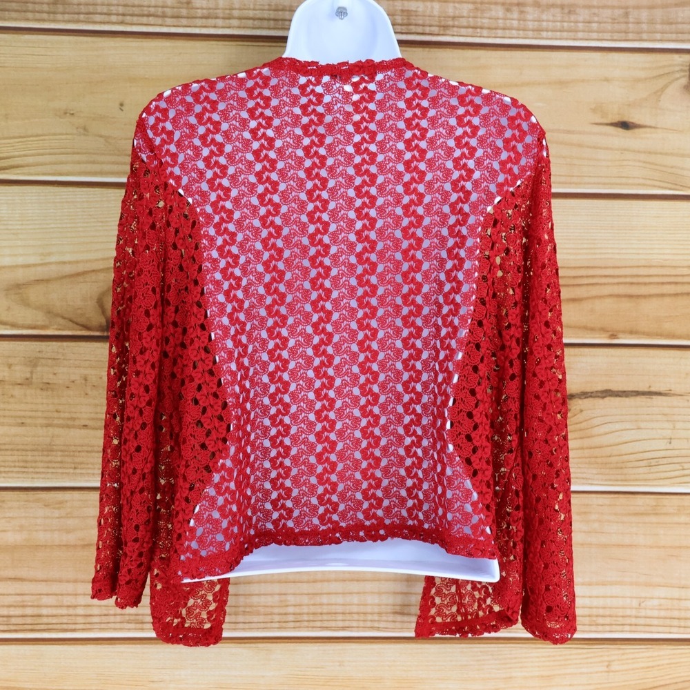 Onyx Apparel Cardigan Sweater Womens Size L Red Geometric 3/4 Sleeves Open Front - Picture 2 of 7